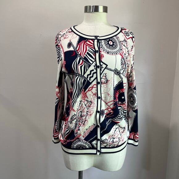 Talbots Printed Sea Map Cardigan Sweater Button Front Long Sleeve Career Sz M - Picture 2 of 8